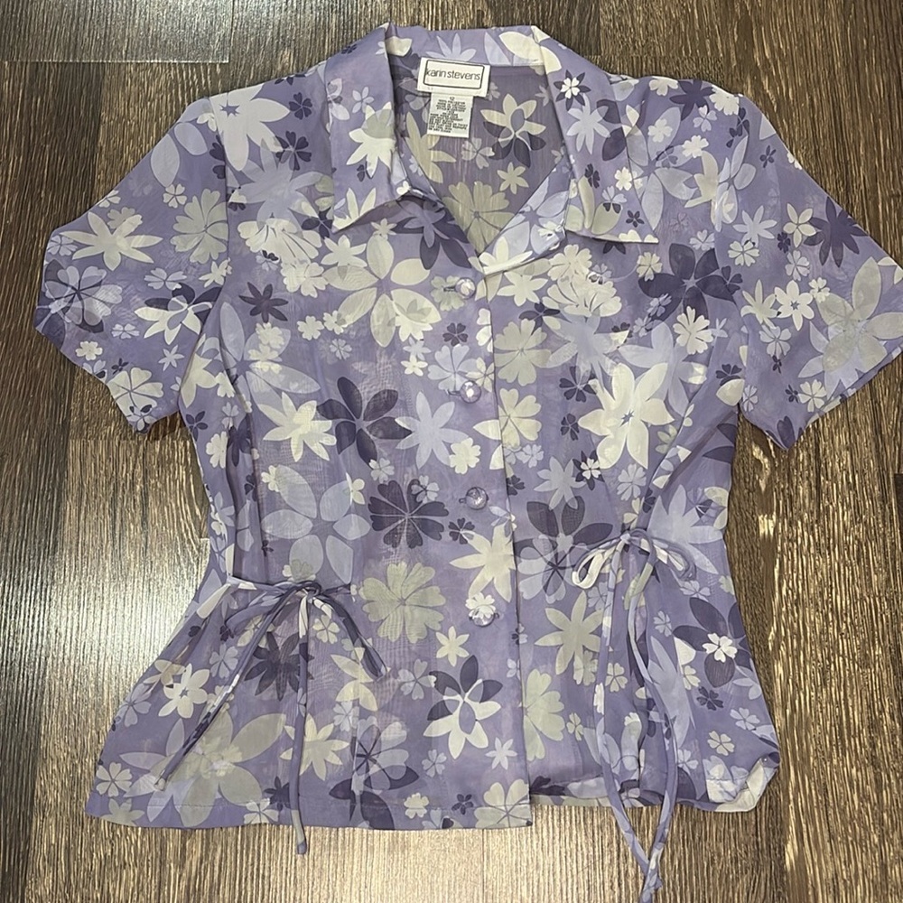 Vintage Karin Stevens sheer button down top with flowered design and ties